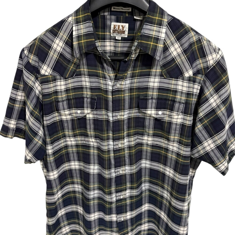 Ely Cattleman Western Shirt Mens XL Blue White Plaid Pearl Snap Short Sleeve